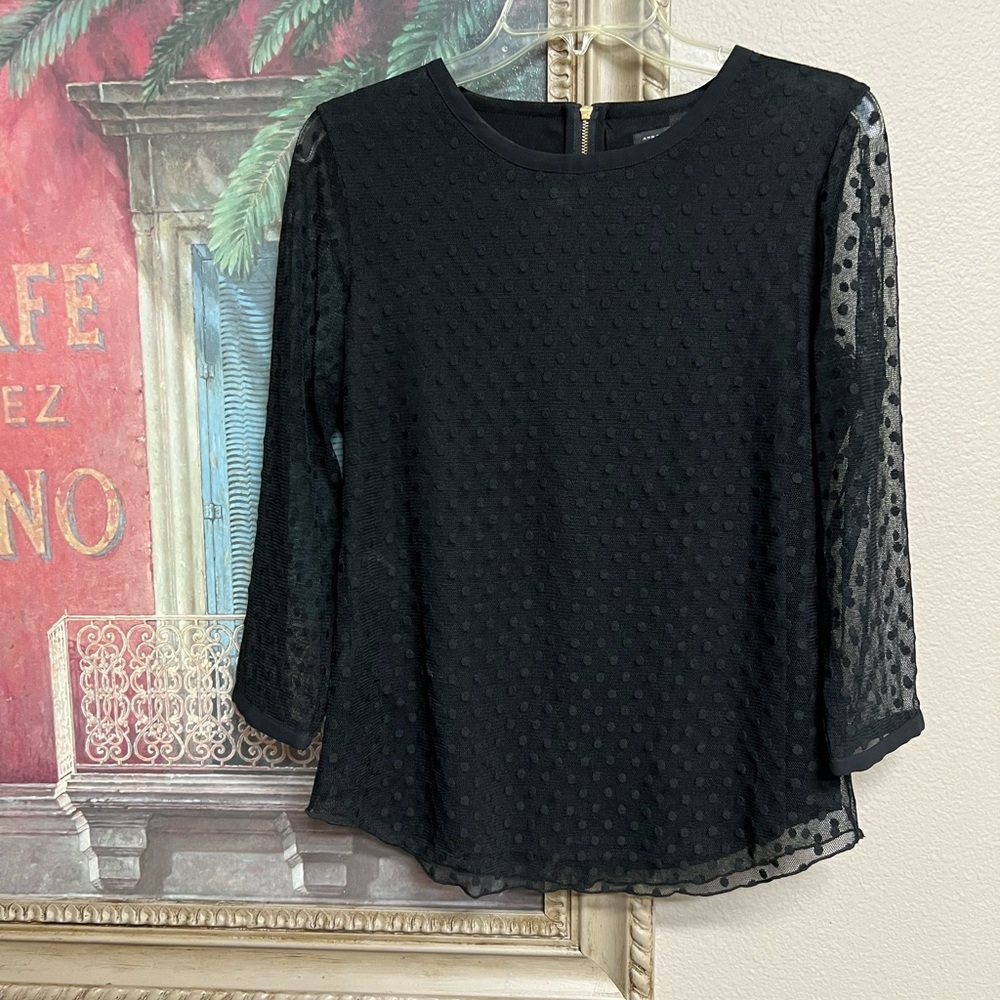 Ann Taylor Black Dotted Sheer 3/4 Sleeve Top